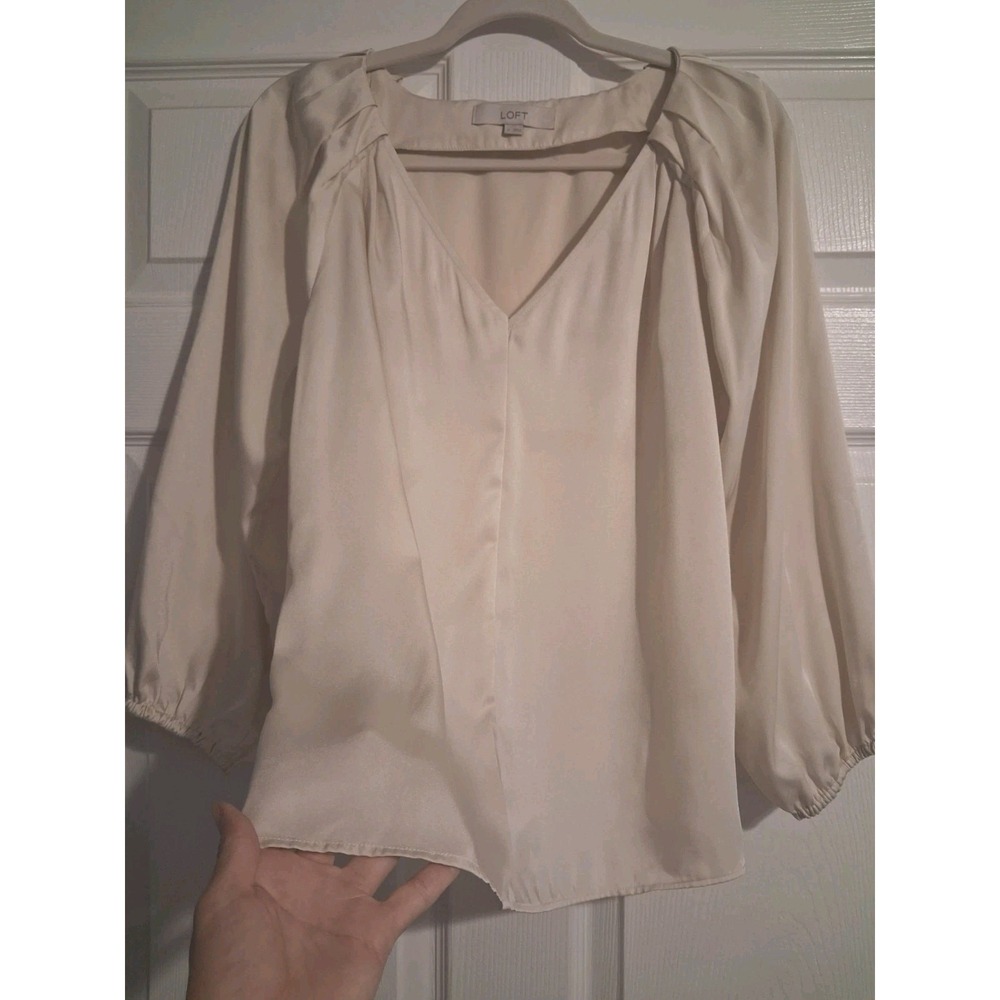LOFT Womens Medium Beige V Neck Puff Sleeve Blouse Business Casual Formal Top - Picture 3 of 10